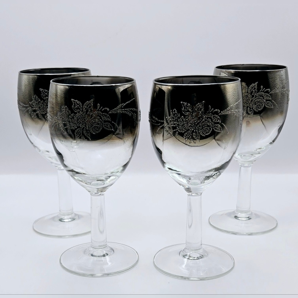 Tuscany Ombre Wine Glasses Silver Black Lustre Floral Set of 4
